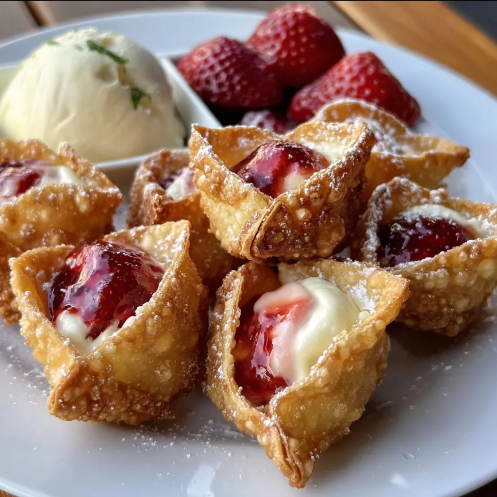Deep-Fried Strawberry Cheesecake Stuffed Wonton Bites with Vanilla Cream Drizzle - secondary view